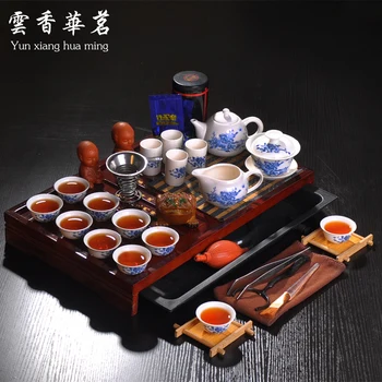 Чайный набор кунг-фу - целый набор для приготовления чая из синего и белого фарфора, керамический чайник, поднос для чая из цельного дерева, чайная церемония