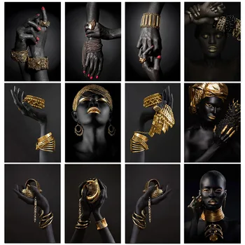 Афроамериканские женщины, Классические плакаты с жестами из черного золота и принты, женские портреты, картины на холсте, настенные рисунки для домашнего декора