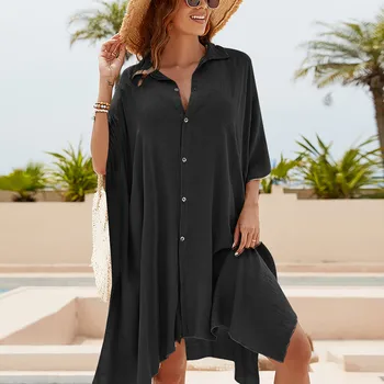 Женская однотонная солнцезащитная одежда для повседневного отдыха, прозрачное бикини, Пляжная длинная накидка