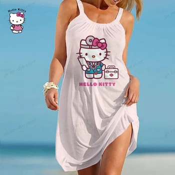 Повседневный сарафан с принтом Hello Kitty, женское пляжное платье в стиле бохо, мини-сексуальное женское платье большого размера с открытой спиной, летнее платье без рукавов с принтом