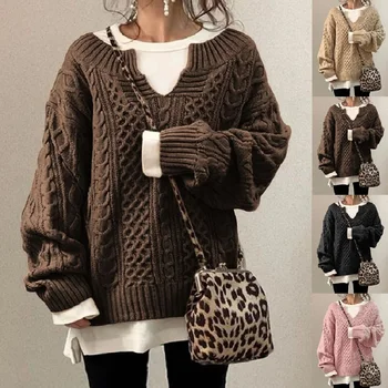Женские осенне-зимние вязаные пуловеры и свитера, повседневные свободные свитера с длинным рукавом и V-образным вырезом, Джемперы