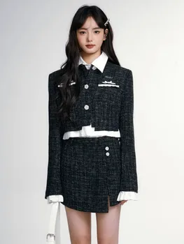 Осенне-зимний Корейский модный комплект из трех предметов с небольшим ароматом, Женская куртка, пальто + рубашка + юбка, костюмы, Французские винтажные комплекты из 3 предметов