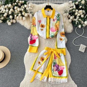 Женский элегантный желтый костюм с цветочным узором, кружевная лоскутная рубашка с длинными рукавами, мини-шорты с поясом, милый комплект из двух предметов TA092