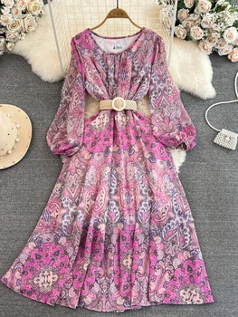 Женское винтажное платье с цветочным рисунком, весна-осень, шифоновое платье с длинным рукавом-фонариком, круглый вырез, высокая талия, элегантные вечерние платья