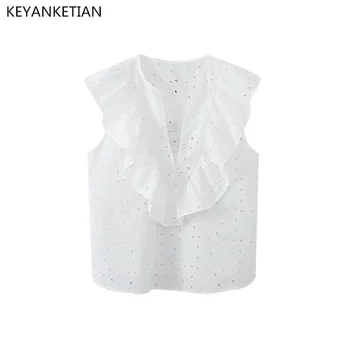 KEYANKETIAN Летняя Новая Белая рубашка с выдолбленной вышивкой и гофрированной каймой, женский пуловер с V-образным вырезом в богемном стиле, короткий топ